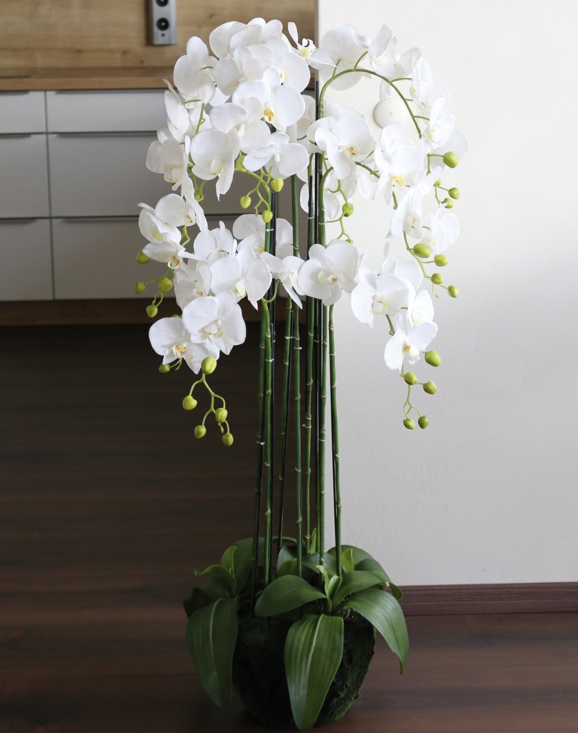 Künstliche Orchidee Phalaenopsis in 'Erde', 9-fach, 120 cm, Real Touch, weiß