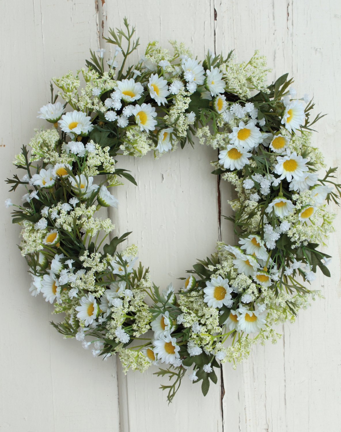 Künstlicher Kranz 'Gänseblümchen / Gypsophilia' auf Rattan, Ø 32 cm, creme-weiß