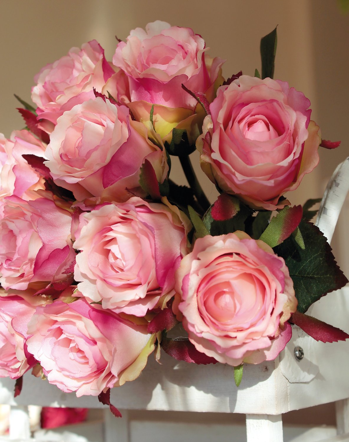 Mazzo di rose artificiali, 9 fiori, 37 cm, rosa-verde