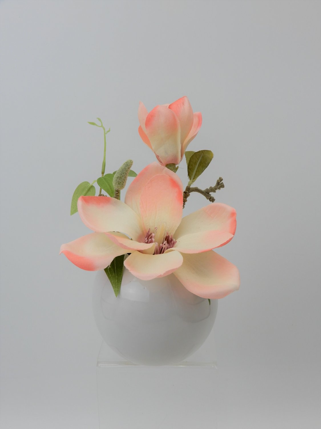 Magnolia artificial en maceta de cerámica blanca, 15 cm, crema-albaricoque