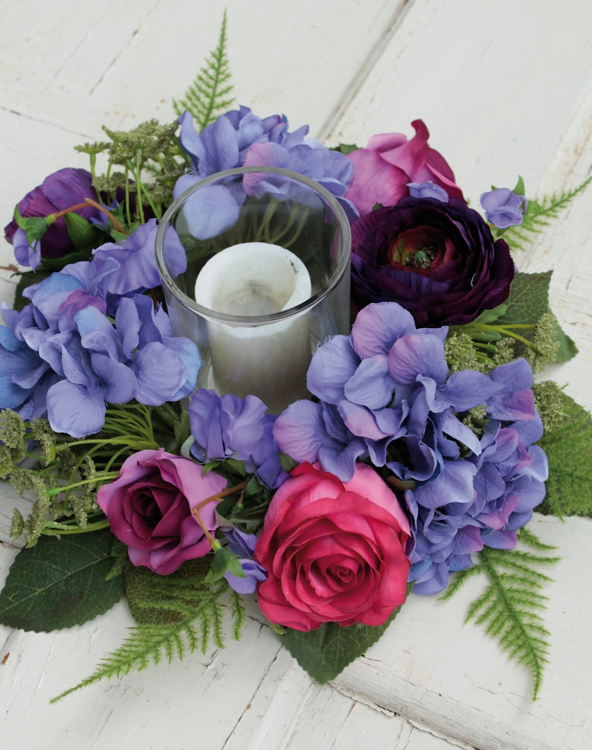 Künstlicher Blütenkranz, mit Glas-Teelichthalter, Ø 30 cm, violett-rosa