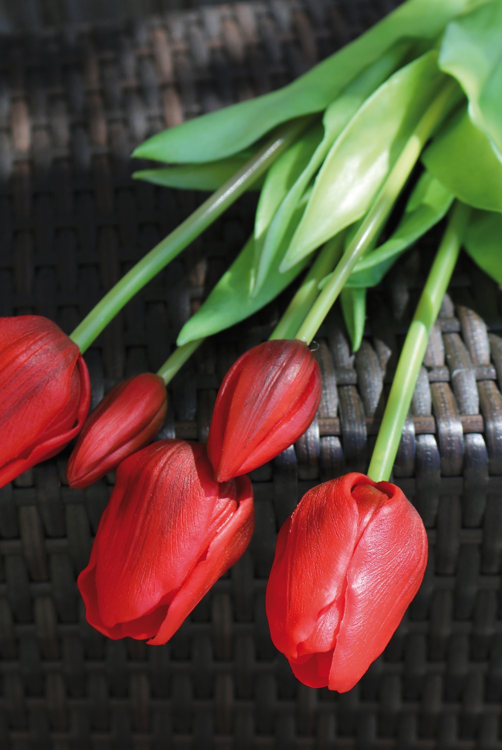 Künstlicher Tulpenbund, französisch, gemischt, 5-fach, 47 cm, Real Touch, rot