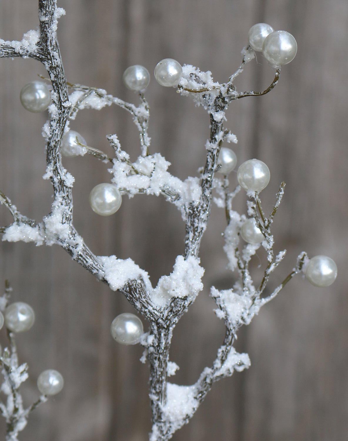 Künstlicher Dekozweig mit Perlen und Schnee, 83 cm, frost-braun