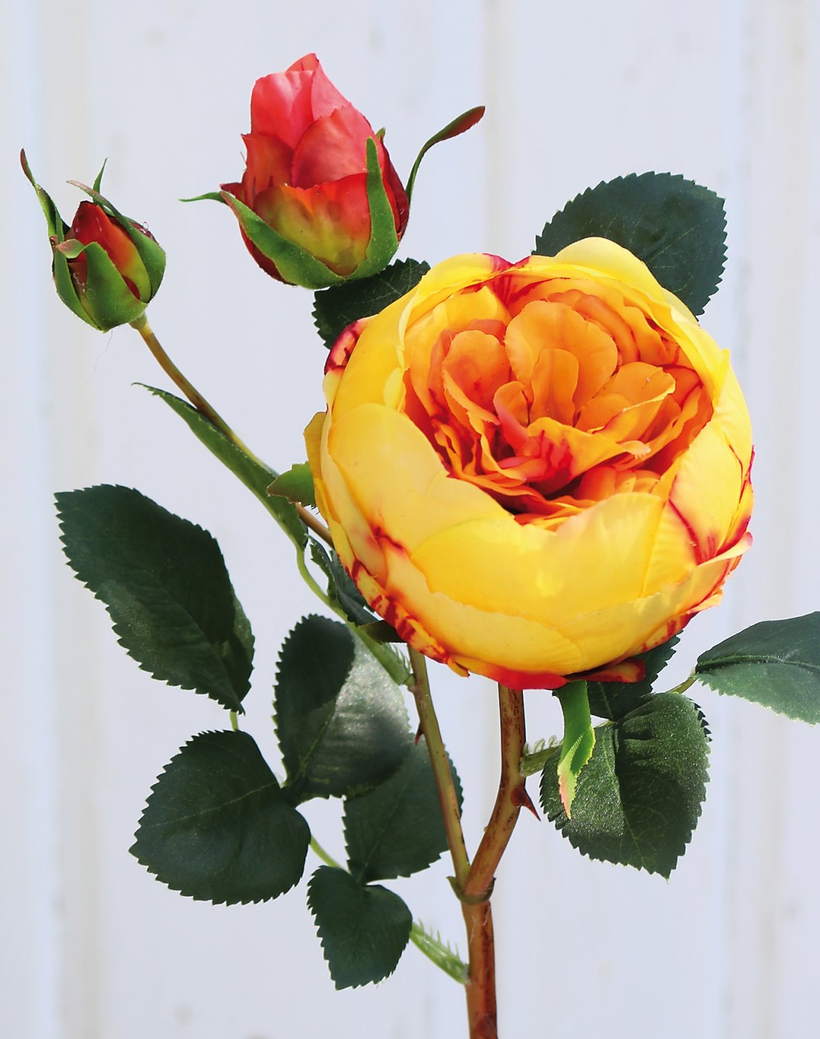Artificial rose, 1 flower, 2 buds, 60 cm, real touch soft, yellow-orange