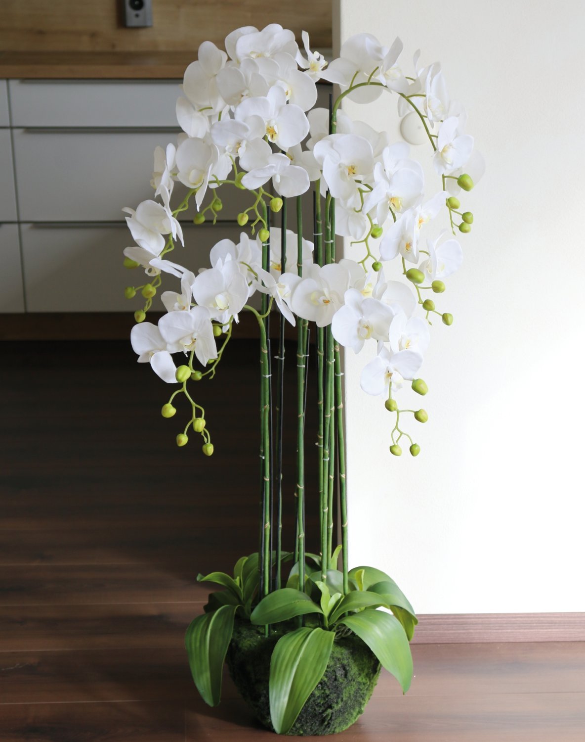 Künstliche Orchidee Phalaenopsis in 'Erde', 9-fach, 120 cm, Real Touch, weiß