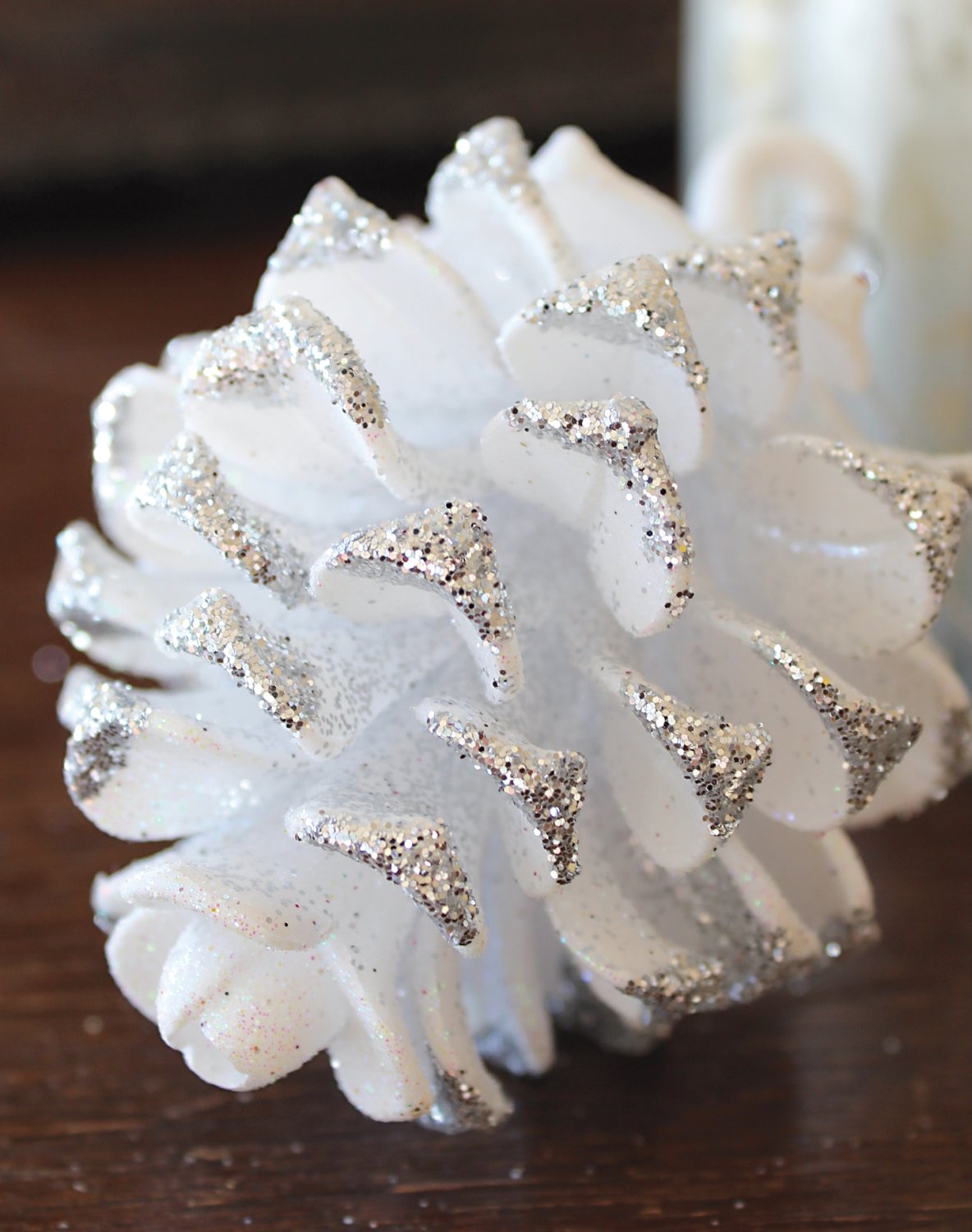 Decorative fir cones, acrylic, 9 cm, white-silver