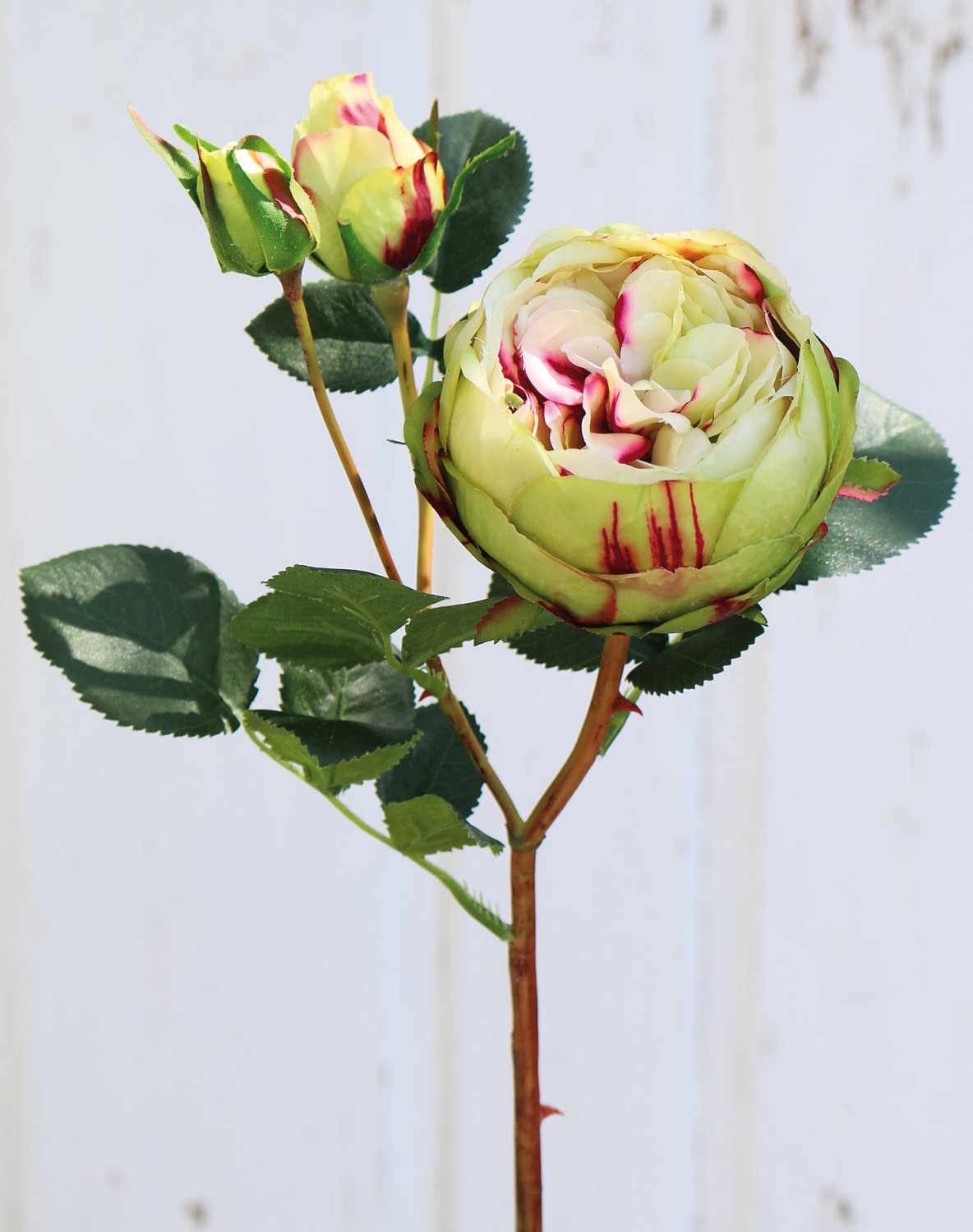 Künstliche Rose, 1 Blüten, 2 Knospen, 60 cm, Real Touch Soft, grün-burgunderrot