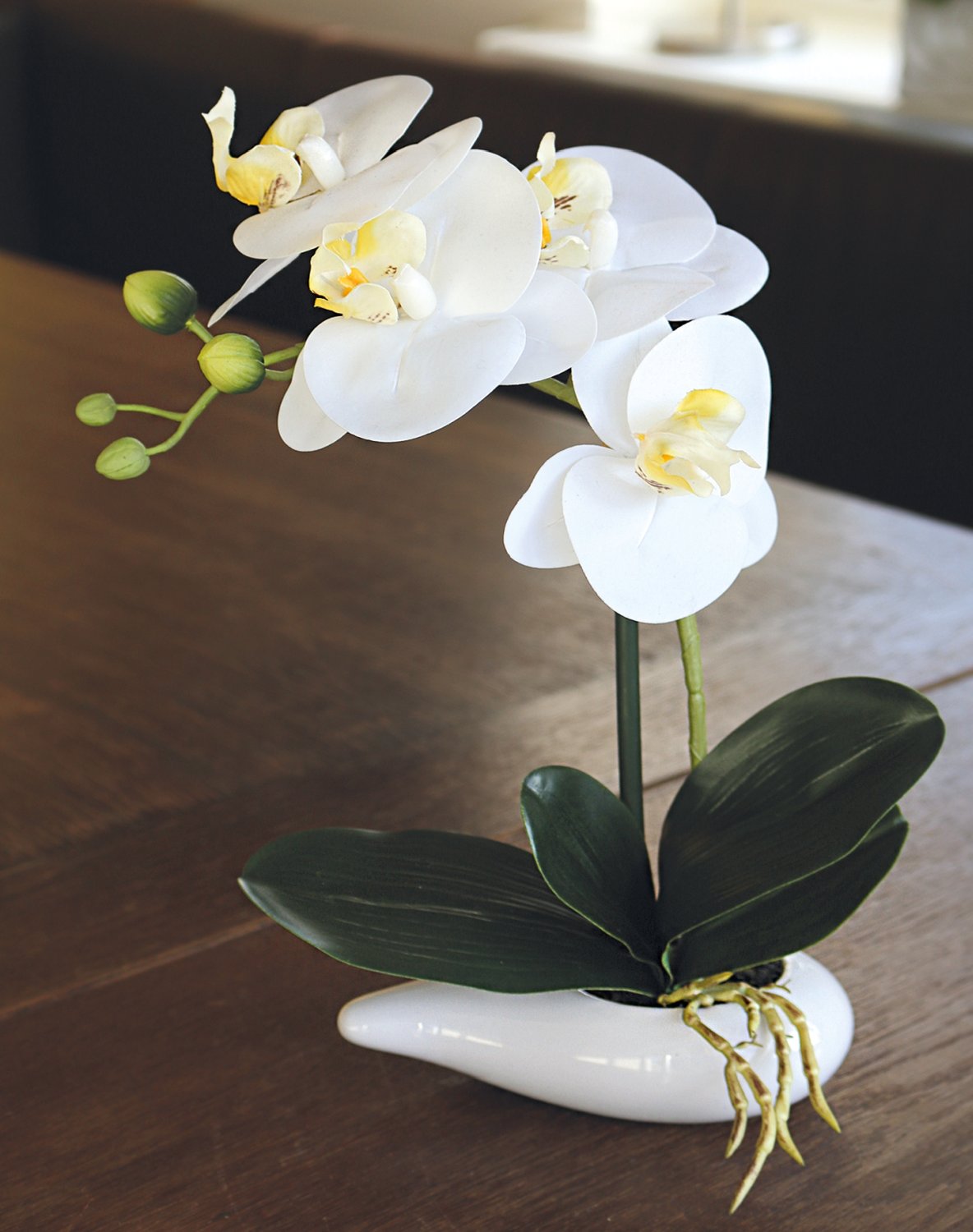 Plastic orchid Phalaenopsis in bowl, 29 cm, real touch soft, beige-white