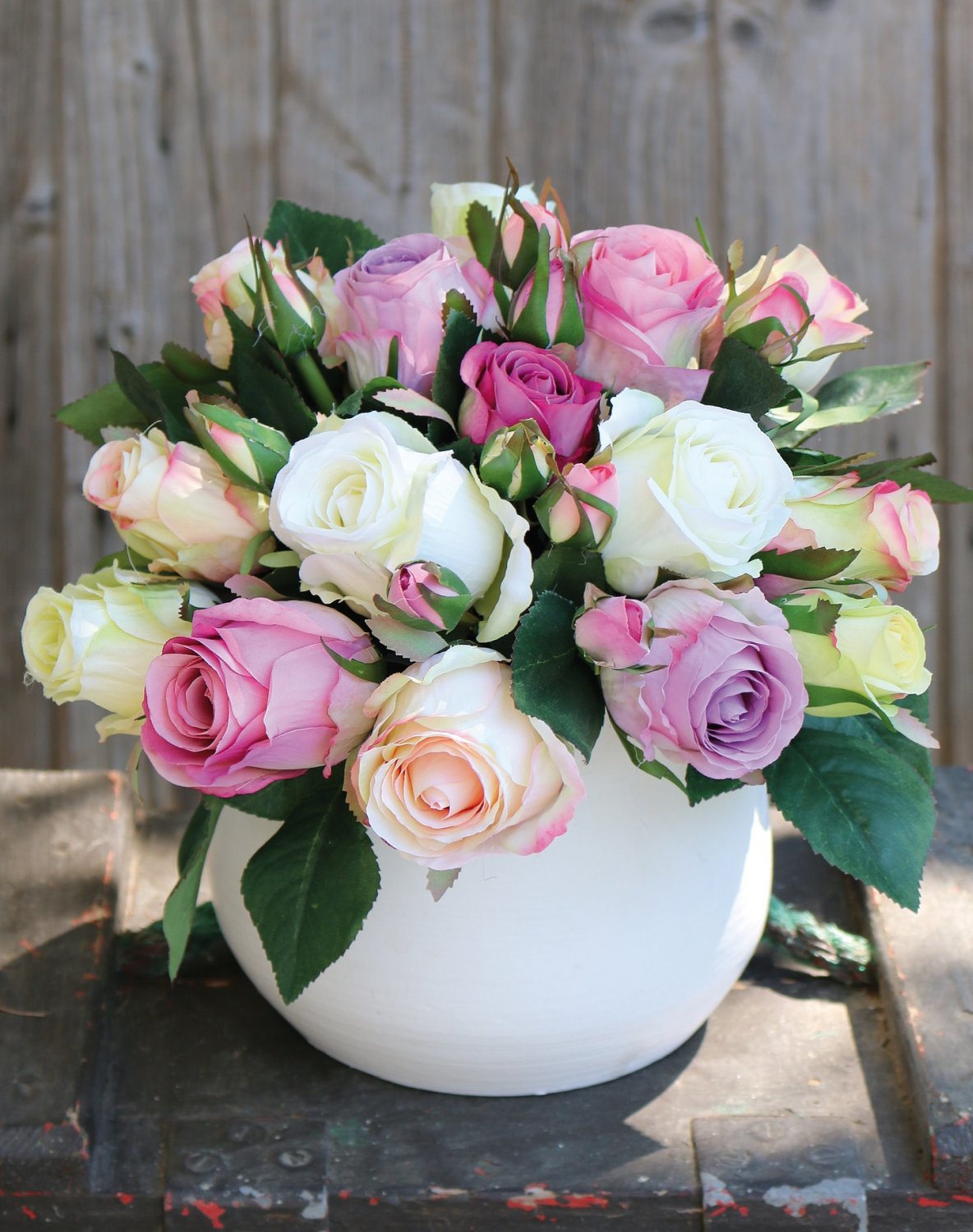 Bouquet di rose artificiali, 24 fiori, 28 cm, crema-rosa