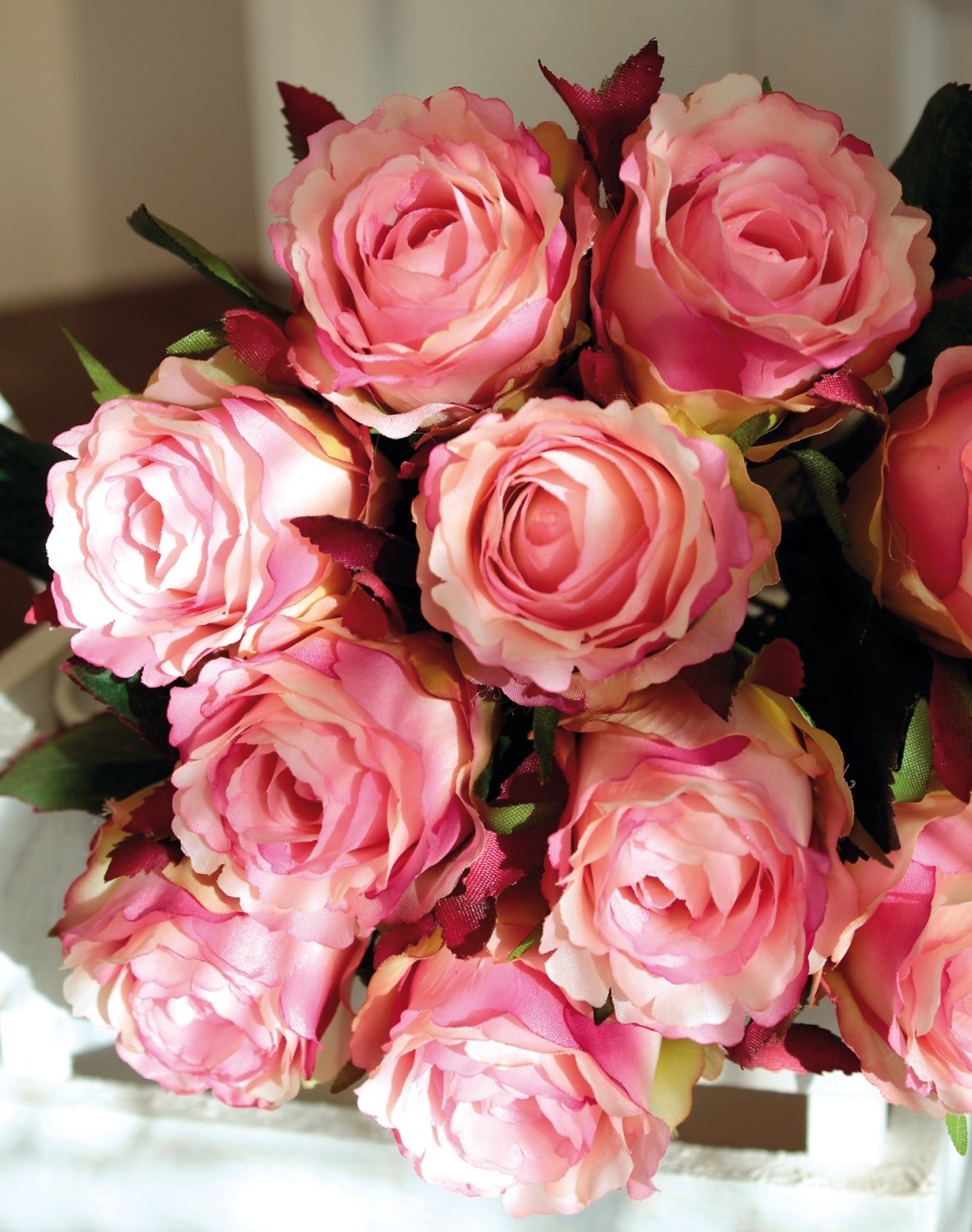 Artificial bunch of roses, 9-flowers, 37 cm, pink-green