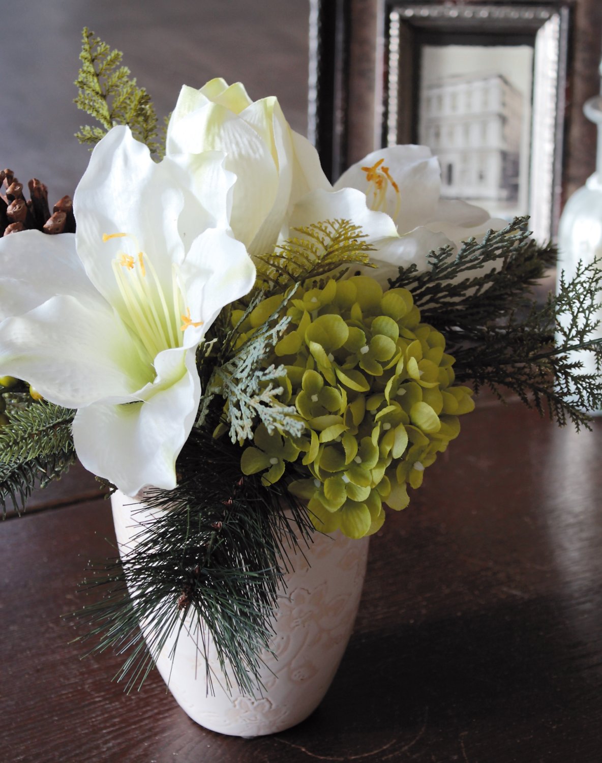 Künstliche Amaryllis-Hortensien-Arrangement im Keramiktopf, 30 cm, creme-weiß