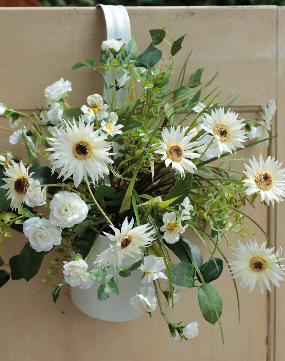 Künstliches Blumenbouquet im Hängtopf, 45 cm, weiß-grün