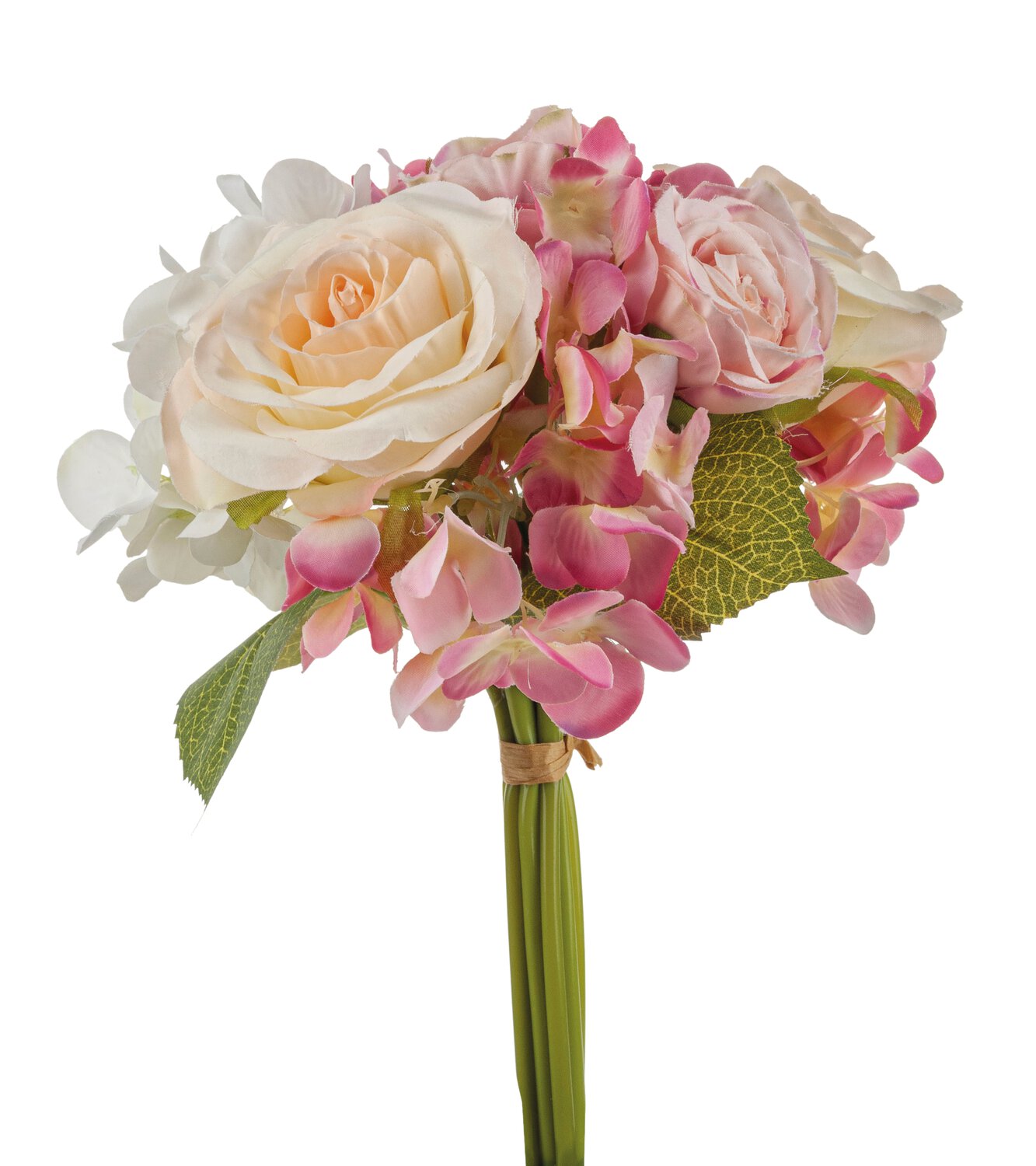 Bouquet artificiale di rose e ortensie, 9 pezzi, 25 cm, crema-albicocca