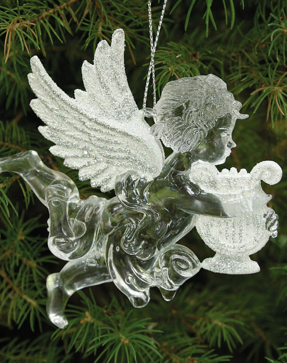 Decorative angel figurines, acrylic, 2 pieces, 10 cm, white-silver