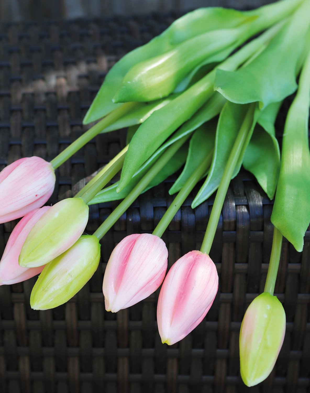 Künstlicher Tulpenbund, 7-fach, 44 cm, Real Touch, rosa-grün