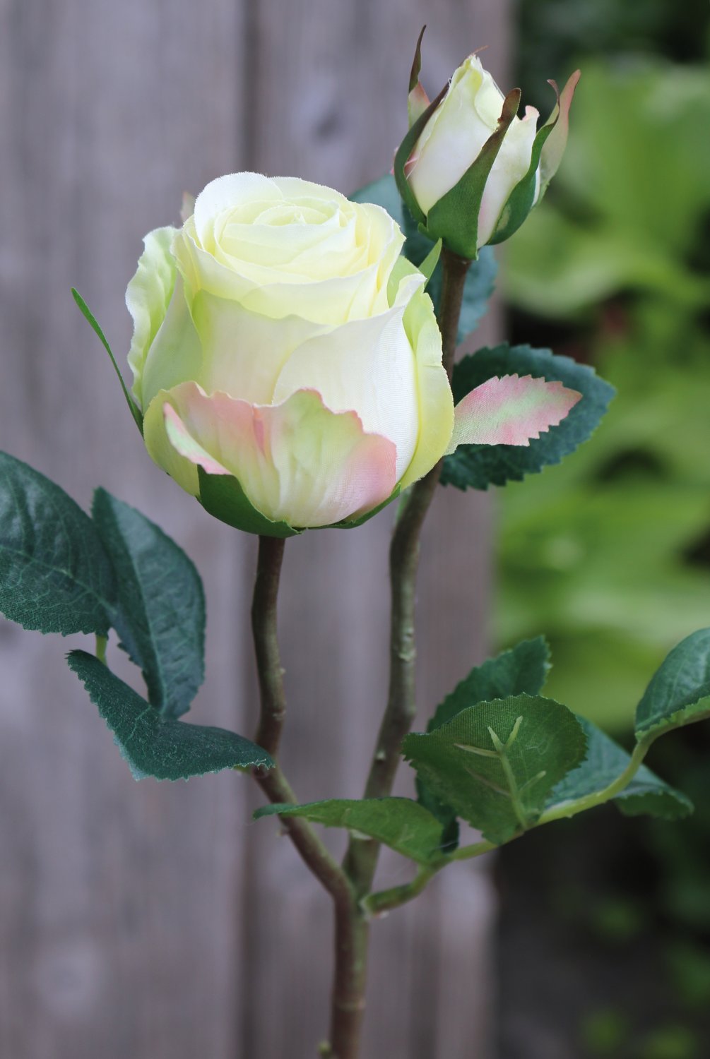 Künstliche Rose, 1 Blüte, 1 Knospe, 45 cm, creme-grün