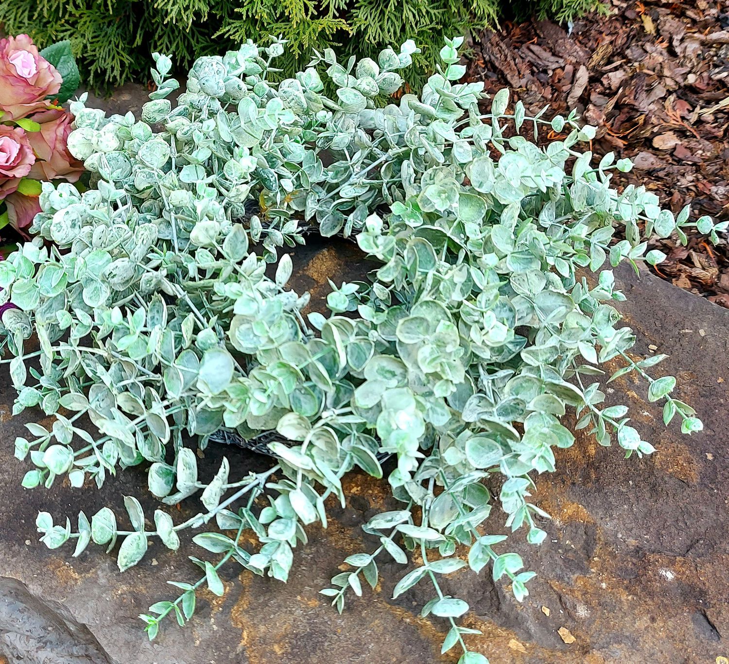 Kunststoffkranz Eukalyptus auf Rattan, 'Vintage', Ø 41 cm, grün-grau