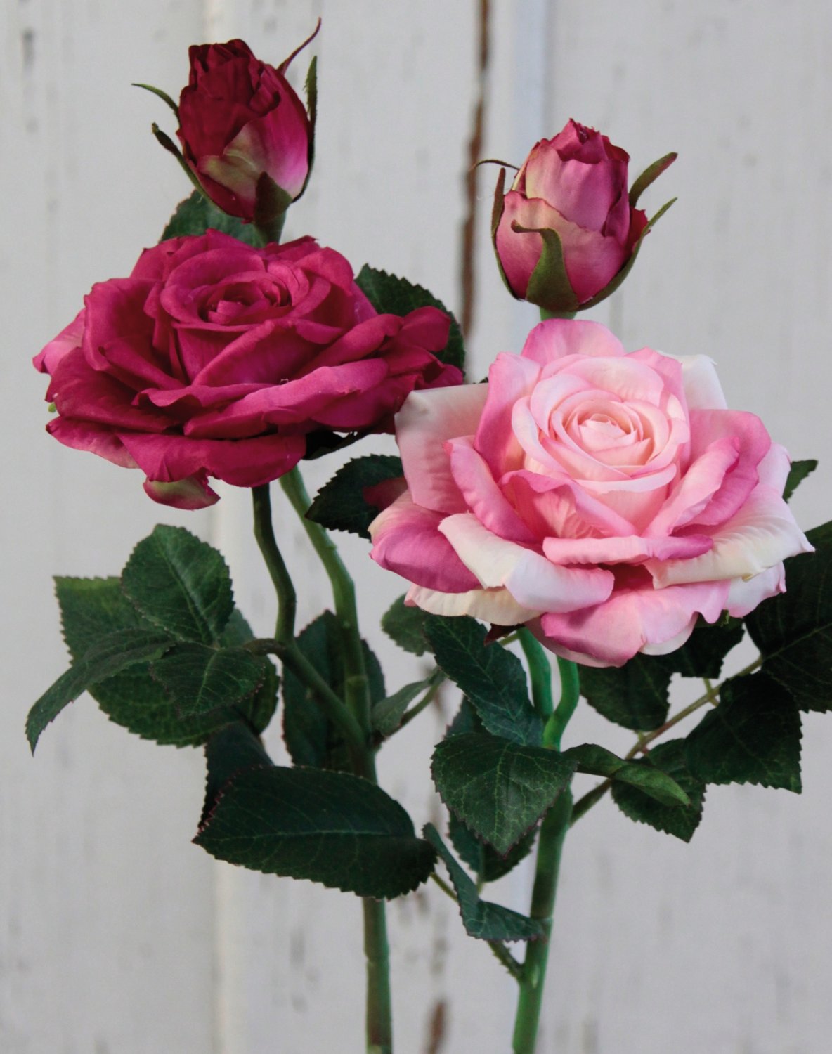 Rosa artificiale, 1 fiore, 1 bocciolo, 37 cm, Real Touch Soft, rosa scuro