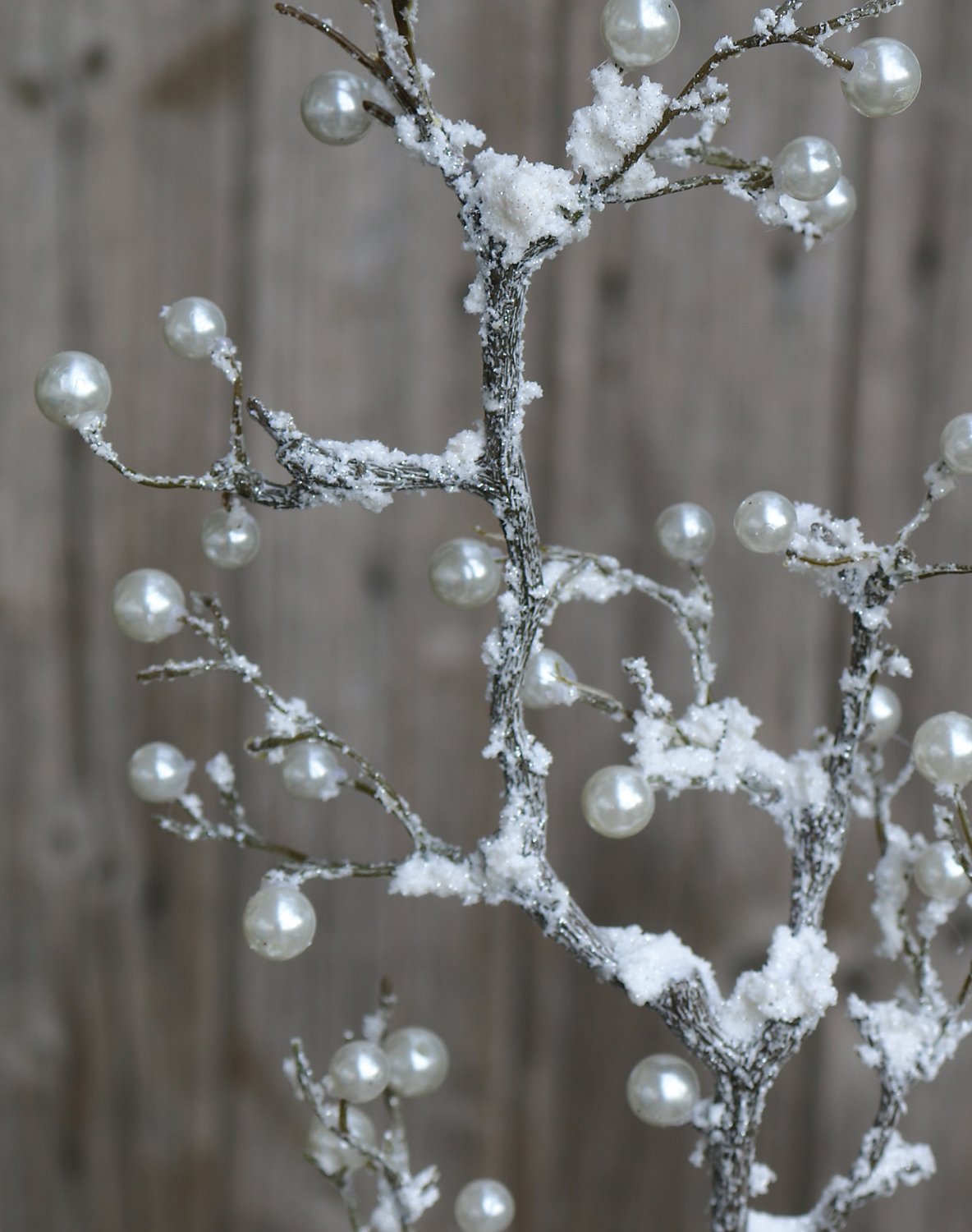 Künstlicher Dekozweig mit Perlen und Schnee, 83 cm, frost-braun