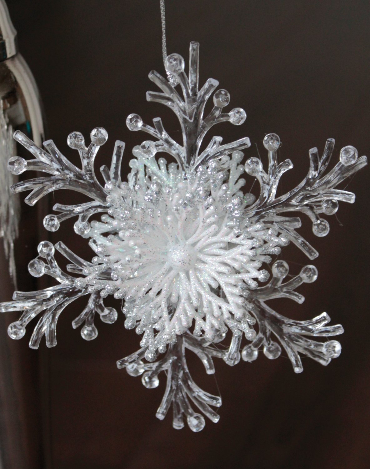 Snowflake ornament, acrylic, with glitter, Ø 15 cm, white-silver