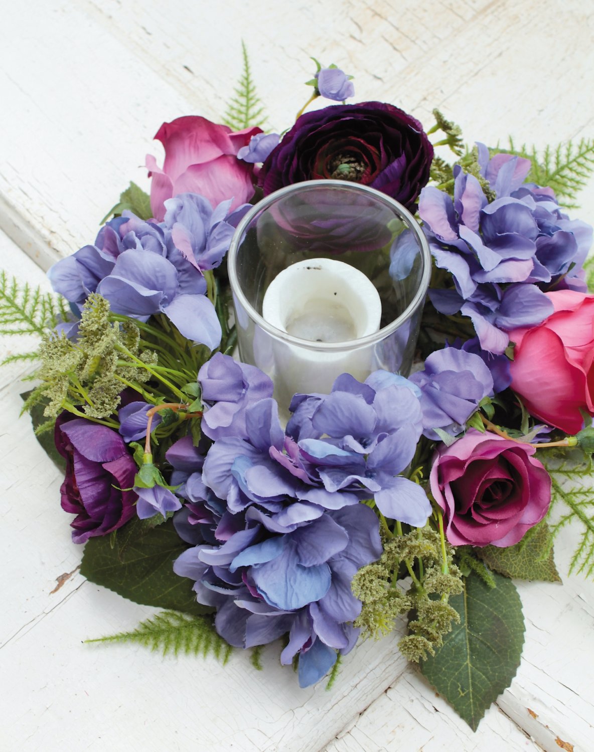 Künstlicher Blütenkranz, mit Glas-Teelichthalter, Ø 30 cm, violett-rosa