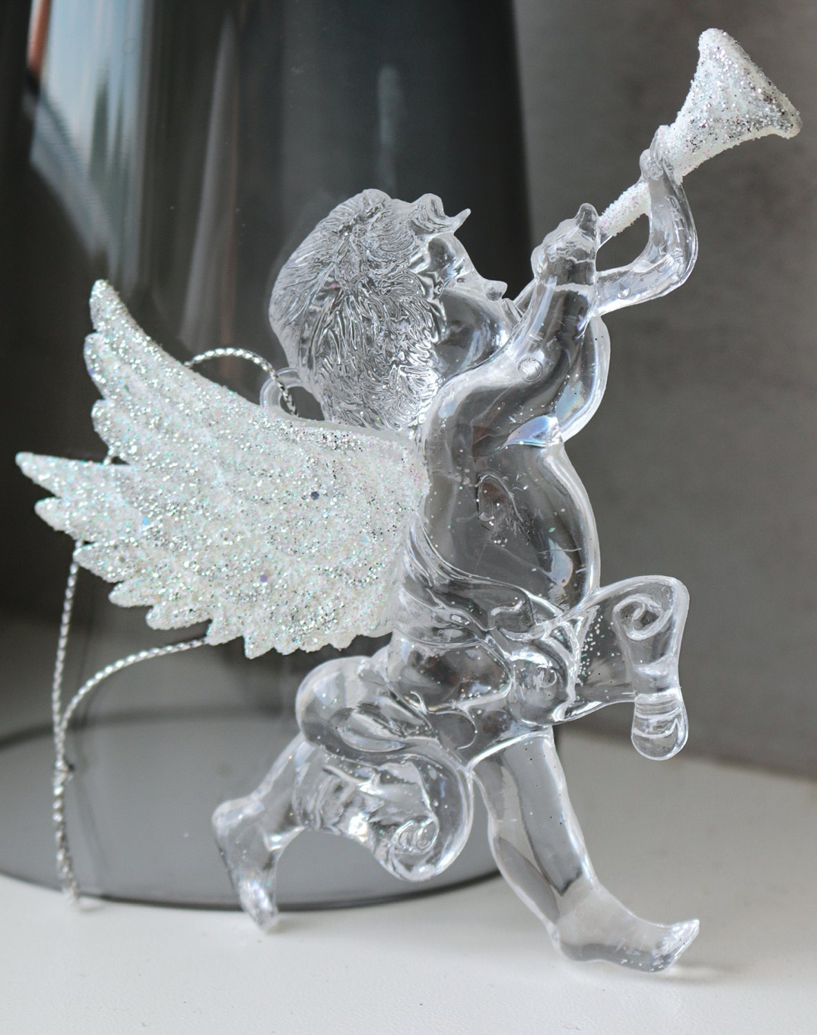 Decorative angel figurines, acrylic, 2 pieces, 10 cm, white-silver