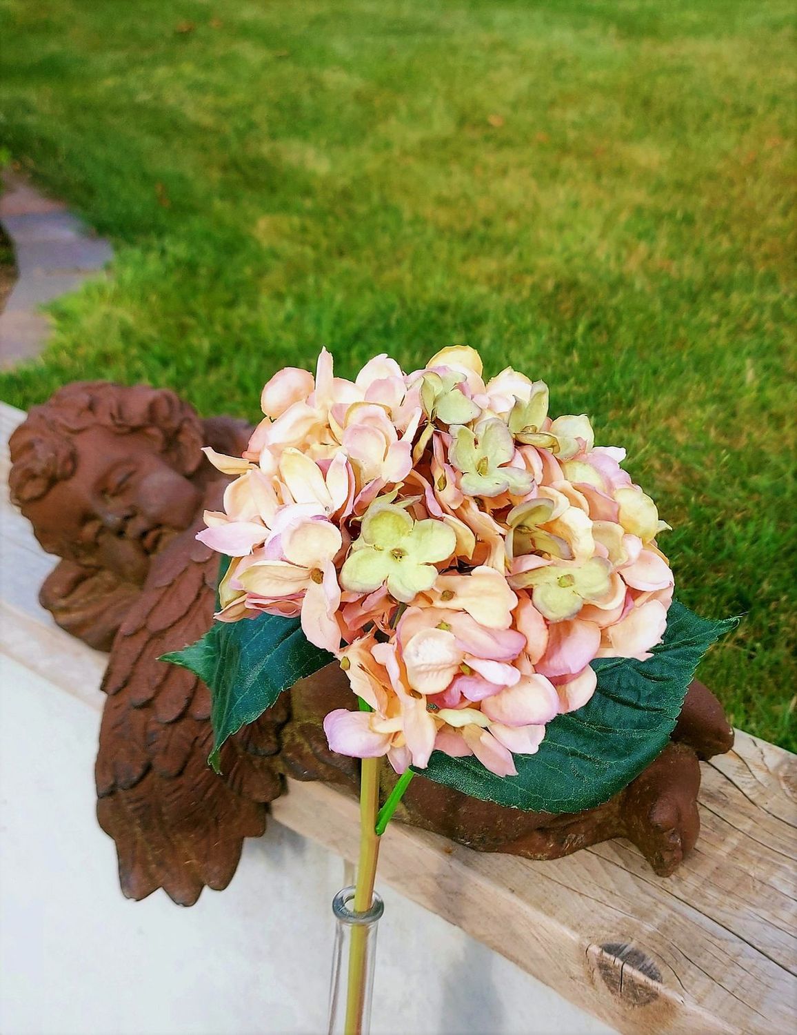 Faux flower hydrangea, 43 cm, dark pink-green