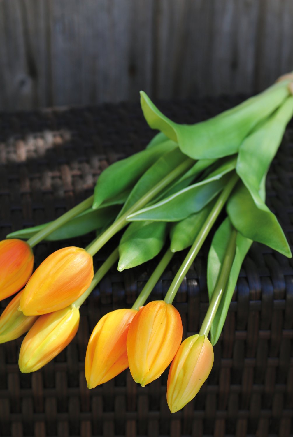 Tulip silk bouquet, 7-fold, 44 cm, real touch, yellow-orange